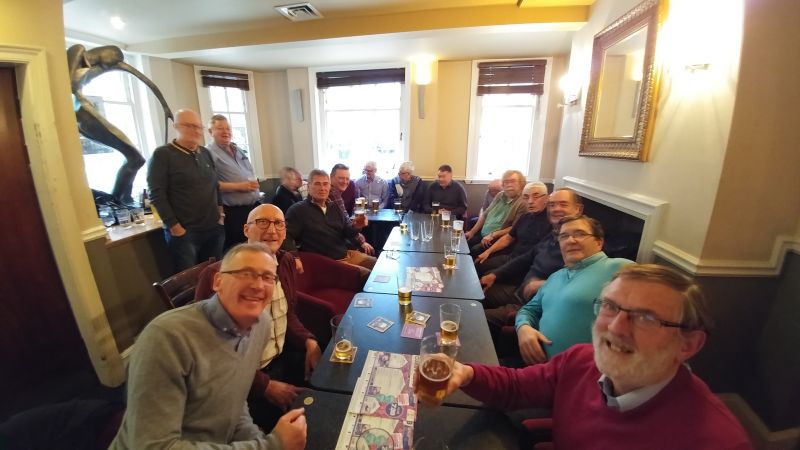 Round the table left to right: Howie Nixon, Chris Bates, standing: Jim Unsworth and Nick Hough, seated: Mike Norris, ???, Back wall: ???, ??? Barry Webb, ???, Right side: Dave Foley, John Darkin, Dave Law, Stuart Cameron and Dave Holt